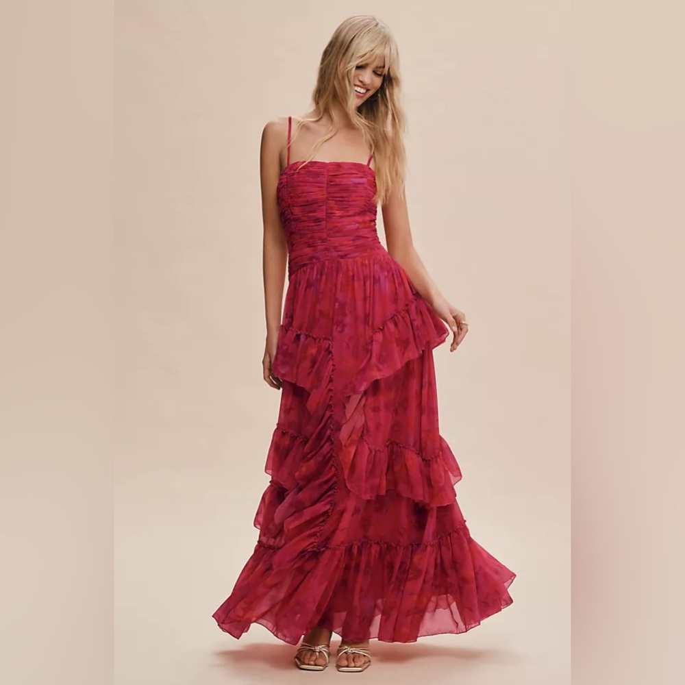 Anthropologie BHLDN Thalia Printed Ruched Square-Neck Ruffle Chiffon Gown - Pink